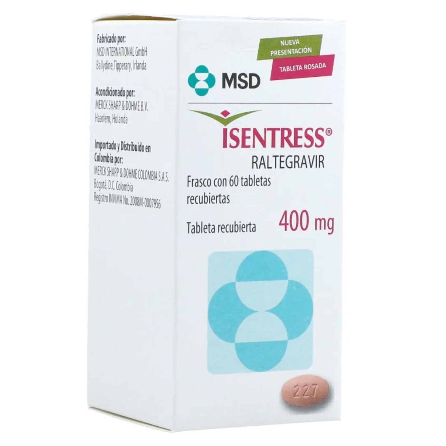 ISENTRESS 400MG PINK 60TAB COL (HLM) FRASCO X 60 TABLETAS MASTI (RALTEGRAVIR)